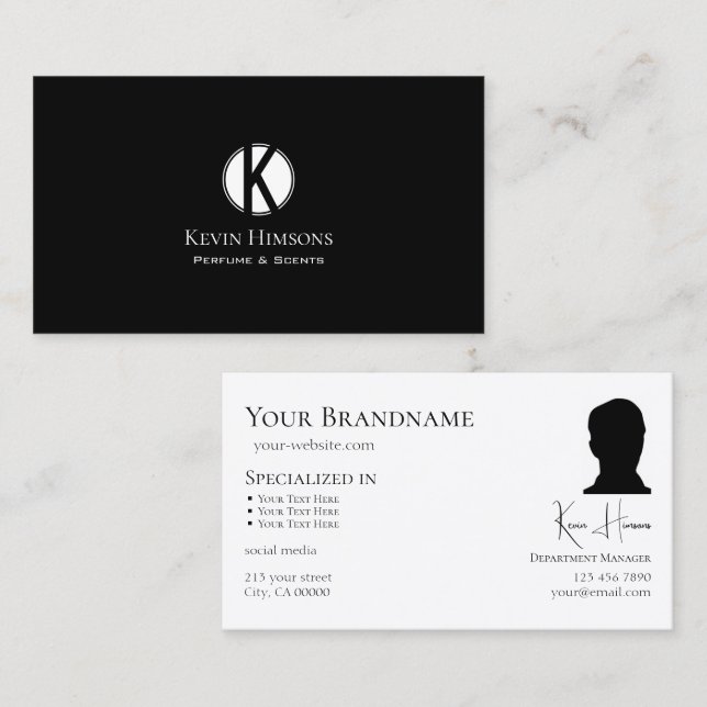 Simple Plain Black White with Monogram and Photo Business Card (Front/Back)