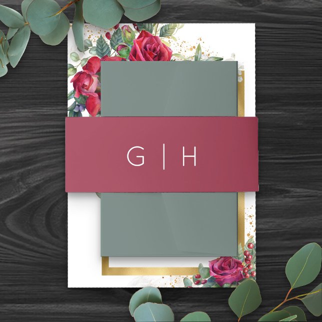 Simple Plain Burgundy Red Monogrammed Wedding Invitation Belly Band (Simple monogrammed burgundy red belly bands from my Red Rose and Eucalyptus Wedding Collection)