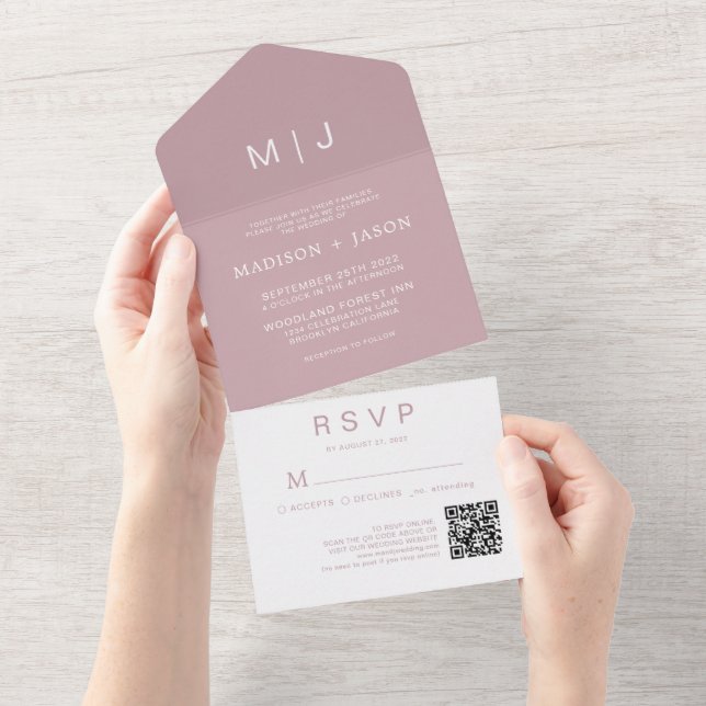 Simple Plain Dusty Rose Monogram QR Code Wedding All In One Invitation (Tearaway)