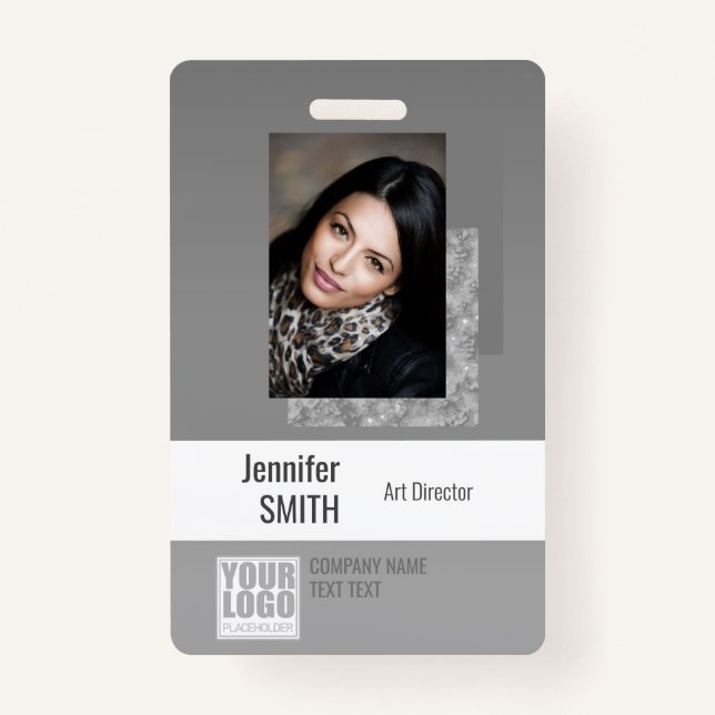 Simple Plain Gray Logo Barcode ID Photo Template ID Badge (Front)