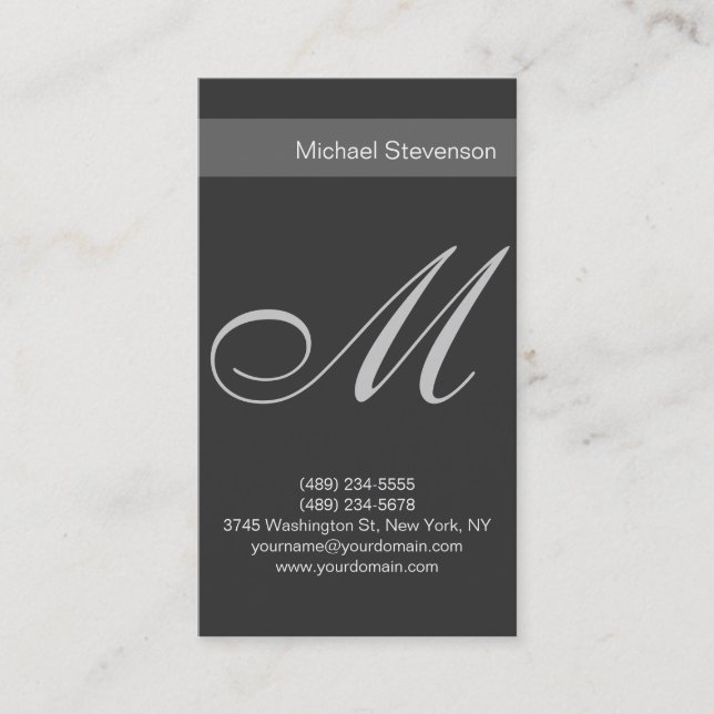 Simple Plain Grey Script Monogram Business Card (Front)