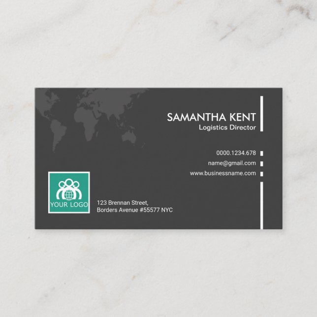 Simple Plain Grey World Map Logistics Director Business Card (Front)