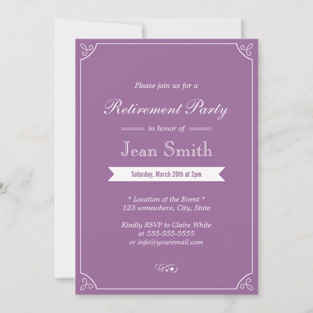 Simple Plain Lavender Retirement Party Invitations (Front)