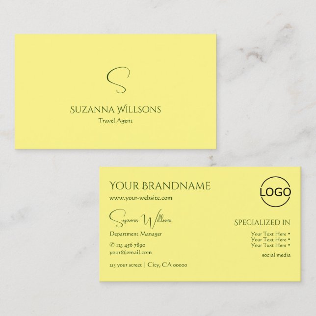 Simple Plain Light Yellow with Monogram and Logo Business Card (Front/Back)