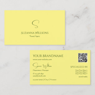 Simple Plain Light Yellow with Monogram QR Code Business Card