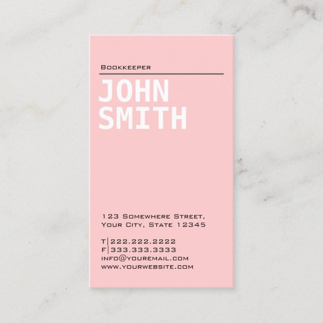 Simple Plain Pink Bookkeeper Business Card (Front)