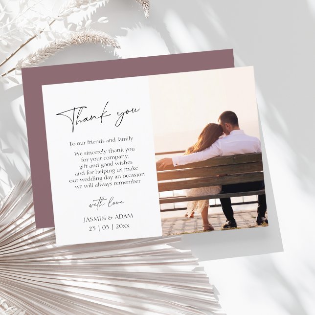Simple Plum Purple Script Photo Wedding Thank You Postcard (Creator Uploaded)