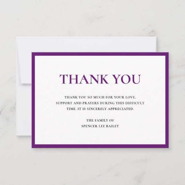 Simple Plum Purple Traditional Sympathy Funeral Thank You Card (Front)