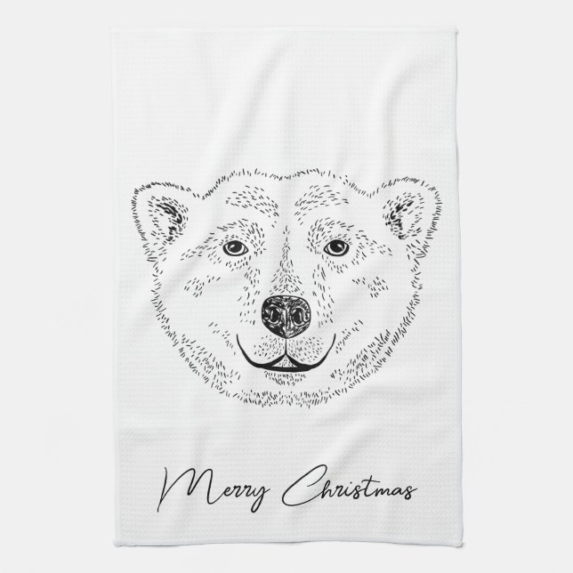 Simple Polar Bear Head Line Art Sketch With Text Tea Towel (Vertical)