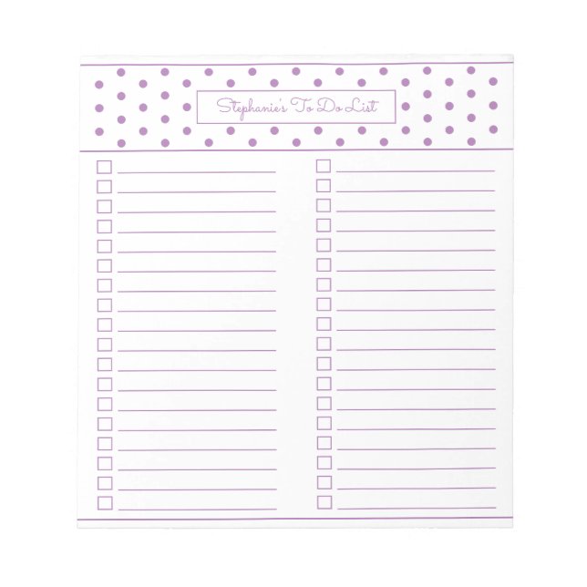 Simple Polka Dot Lavender Two Column Checklist Notepad (Front)