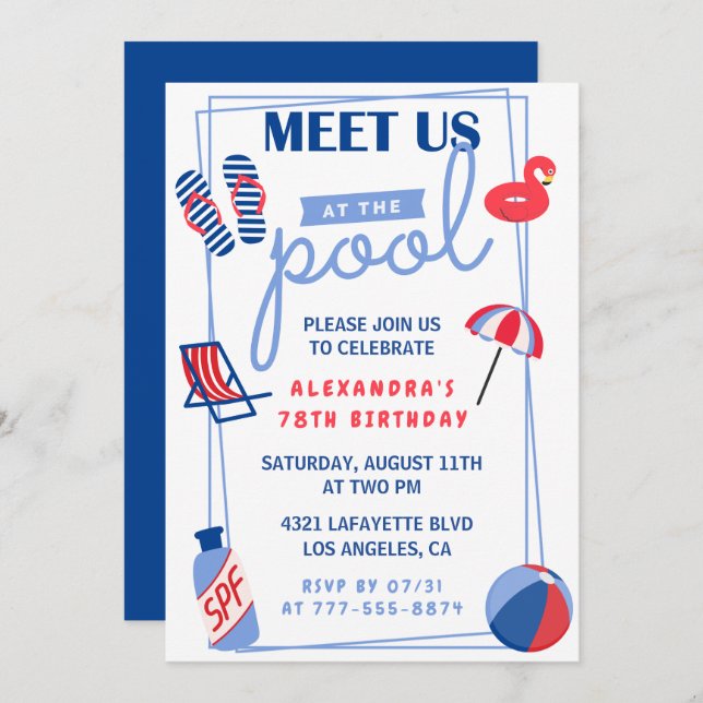 Simple Pool Party 78th birthday invitations  (Front/Back)