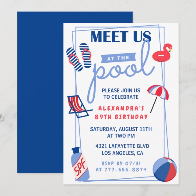 Simple Pool Party 89th birthday invitations  (Front/Back)