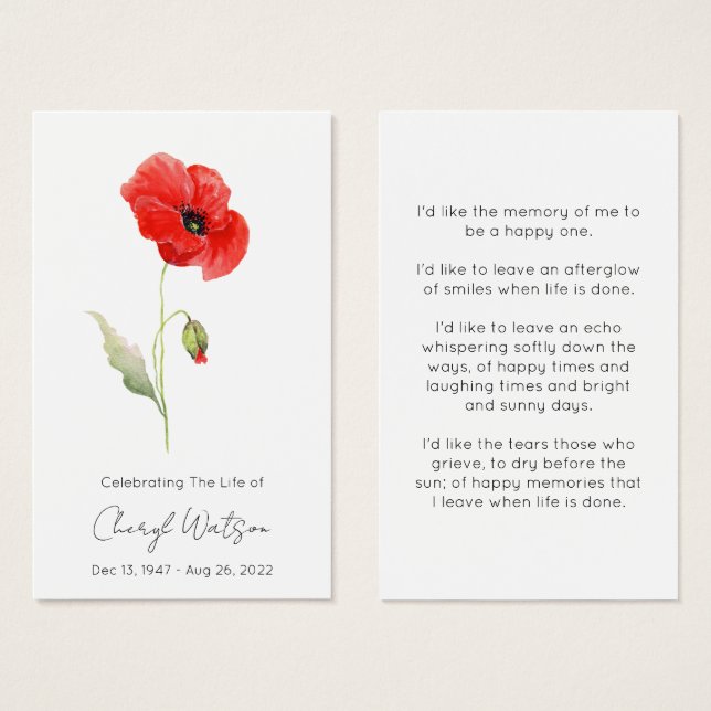 Simple Poppy Funeral Memorial Prayer Card (Front & Back)