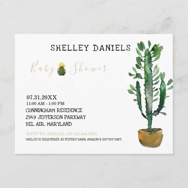 Simple Potted Cactus Nongender Baby Shower Announcement Postcard (Front)