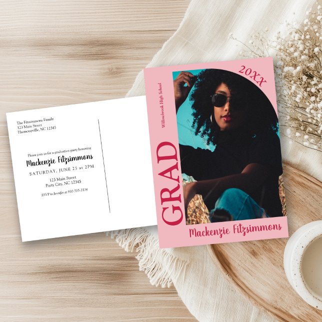 Simple Preppy Photo Graduation Invitation Postcard (Pink and Red Simple Preppy Photo Graduation Invitation Postcard)