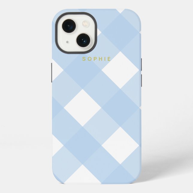 Simple Pretty Classic Blue Gingham Gold Monogram iPhone Case (Back)