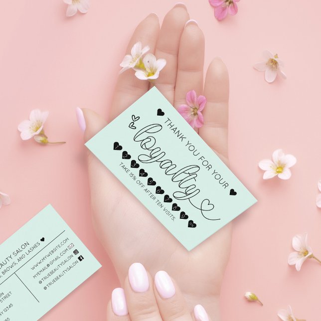 Simple Pretty Mint Green Hearts Typography Loyalty Business Card (Creator Uploaded)