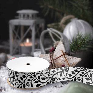 Simple Pretty Swirly Floral Print Chic Black White Grosgrain Ribbon