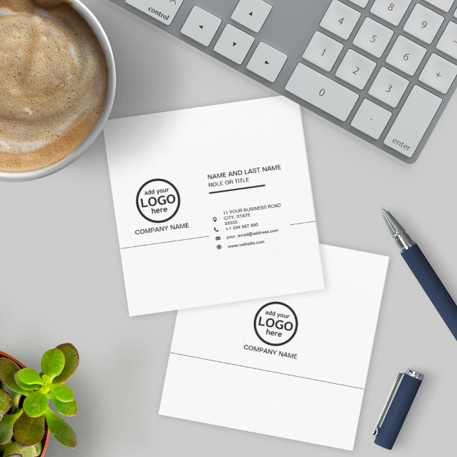 Simple Professional Black and White add your Logo  Square Business Card (Creator Uploaded)