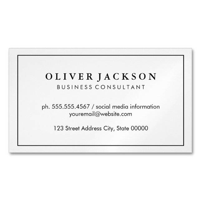 Simple Professional Black White Minimalist Magnetic Business Card (Front)