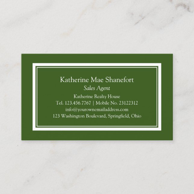 Simple Professional Dark Green with White Border Business Card (Front)