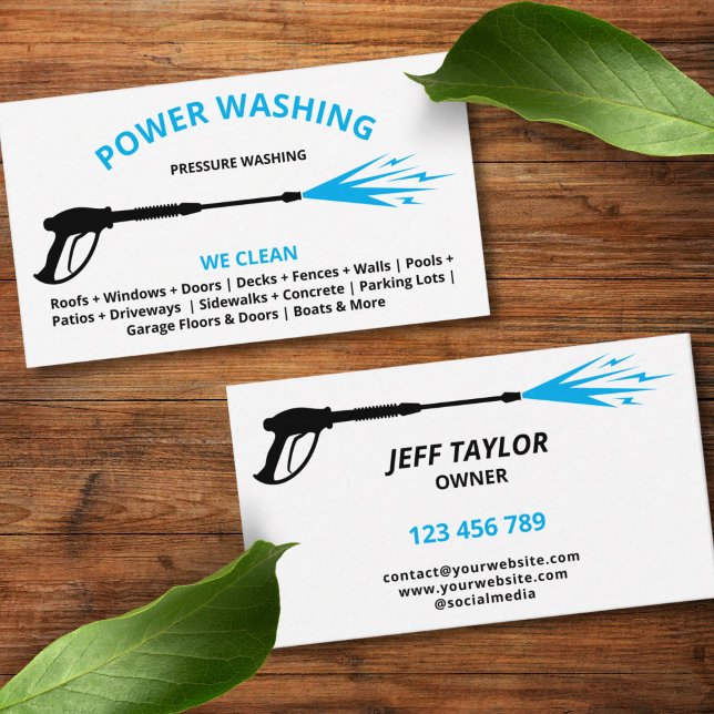 Simple Professional Pressure Washing Power Washing Business Card (simple design, black and blue on white background)