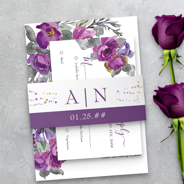 Simple Purple and Gold Confetti Monogram Wedding Invitation Belly Band (Purple monogrammed wedding invitation belly band from my Plush Purple Wedding Collection)