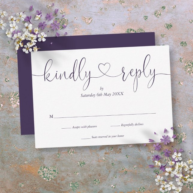 Simple Purple And White Script Heart Kindly Reply  RSVP Card (Simple Purple And White Script Heart Kindly Reply RSVP Card)