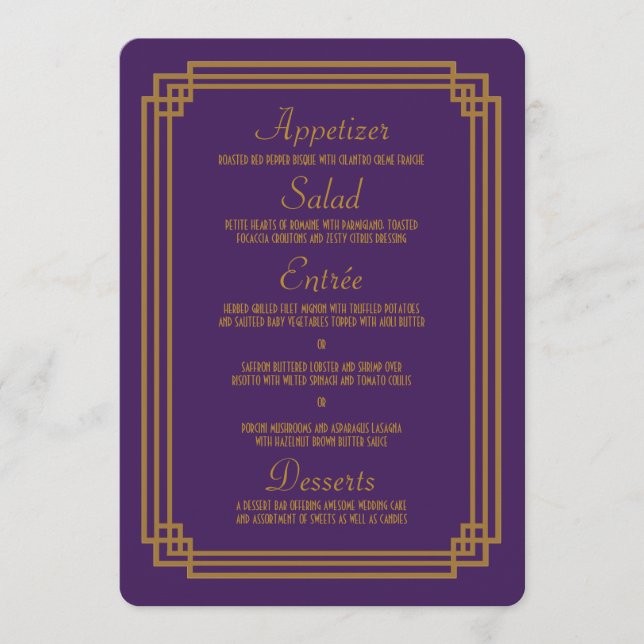 Simple Purple Art Deco Wedding Menu (Front)