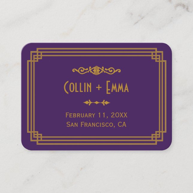 Simple Purple Art Deco Wedding Place Cards (Front)