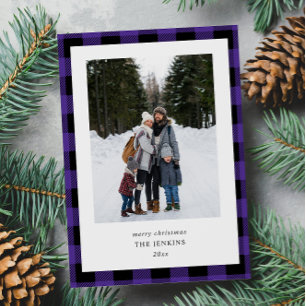 Simple Purple Black Plaid 2 Photos Christmas Holiday Card