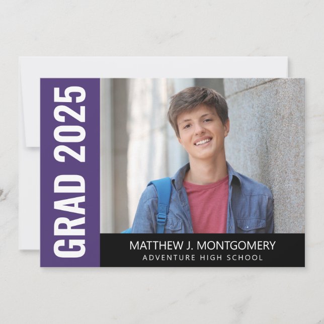 Simple Purple Black White Script Photo Graduation Announcement (Front)