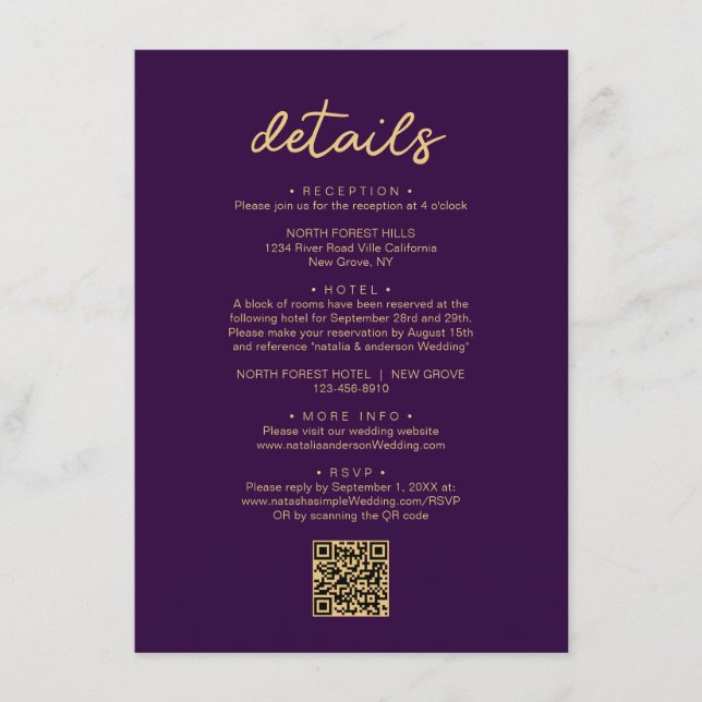 Simple Purple Gold Script QR Code Wedding Detail Enclosure Card (Front)