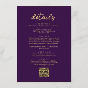 Simple Purple Gold Script QR Code Wedding Detail Enclosure Card