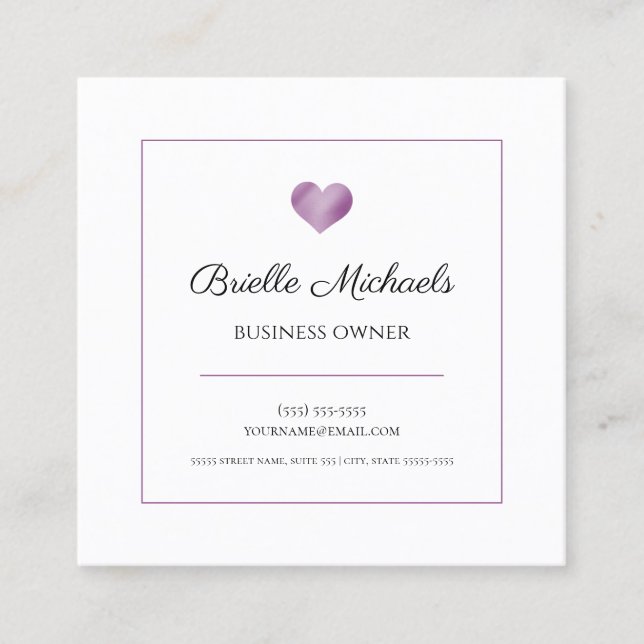 Simple Purple Heart With Elegant Black Script Square Business Card (Front)