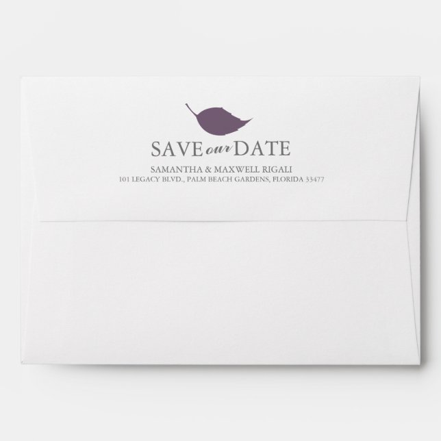 Simple Purple Leaves Return Address Wedding Envelope (Back (Top Flap))