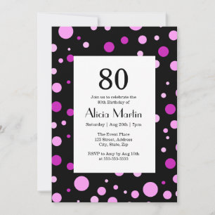 Simple Purple Lilac Polka Dot Black 80th Birthday Invitation