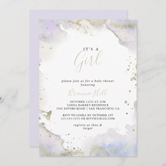 Simple Purple Minimalist It's A Girl Baby Shower Invitation (Front/Back)