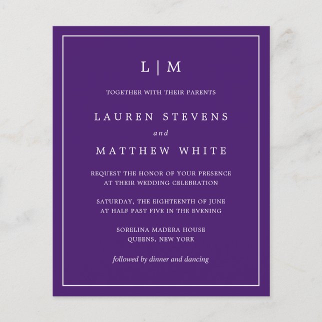 Simple Purple Monogram Budget Wedding Invite (Front)