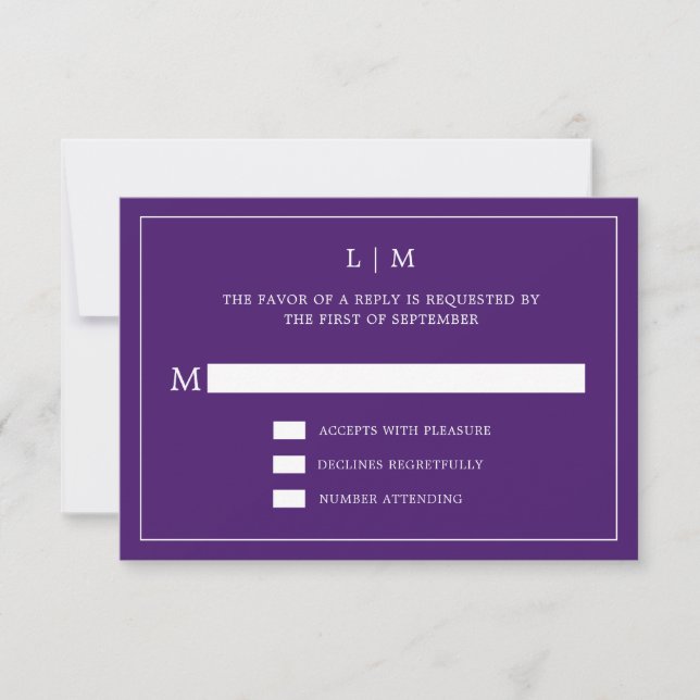 Simple Purple Monogram Elegant Wedding RSVP Card (Front)