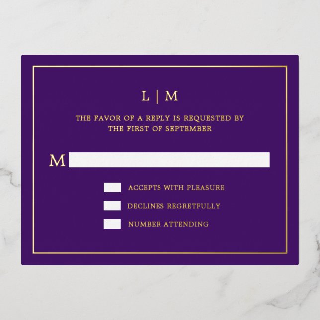 Simple Purple Monogram Elegant Wedding RSVP Foil Invitation Postcard (Front)