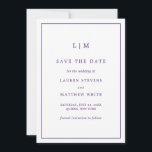 Simple Purple Monogram Elegant Wedding Save The Date<br><div class="desc">Simple royal purple save the date card featuring a modern yet elegant design with your two letter monogram at the top and your wedding details surrounded by a thin border. The fonts and background colours may be changed to any colours you wish. A chic and stylish design that is great...</div>