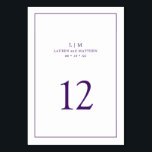 Simple Purple Monogram Elegant Wedding Table Number<br><div class="desc">Simple wedding table number featuring an elegant and timeless design with your two letter monogram, names, date and table number surrounded a thin border. All design elements are royal purple over a white background and may be changed to any colour you wish in the design editing tool. A clean and...</div>