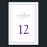Simple Purple Monogram Elegant Wedding Table Number<br><div class="desc">Simple wedding table number featuring an elegant and timeless design with your two letter monogram, names, date and table number surrounded a thin border. All design elements are royal purple over a white background and may be changed to any colour you wish in the design editing tool. A clean and...</div>