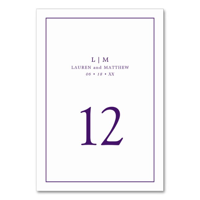 Simple Purple Monogram Elegant Wedding Table Number (Front)