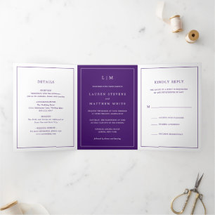 Simple Purple Monogram Elegant Wedding Tri-Fold Invitation