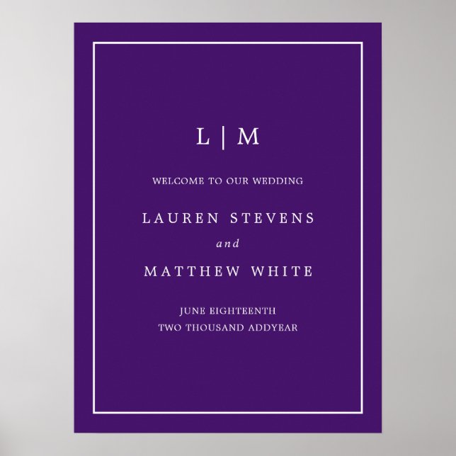 Simple Purple Monogram Wedding Welcome Sign (Front)