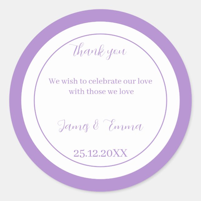Simple Purple Personalised Wedding Classic Round Sticker (Front)