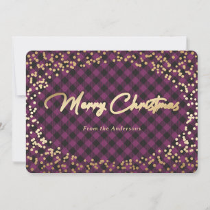 Simple Purple Plaid Gold Foil Christmas Cards