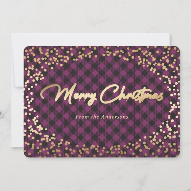 Simple Purple Plaid Gold Foil Christmas Cards (Front)